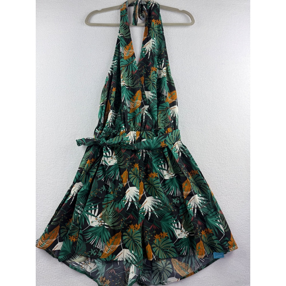 Cupshe Green Tropical Halter Romper with Orange & White Leaf Print